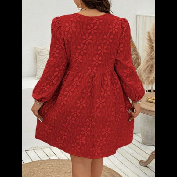 Red Bow Front Long Sleeve Floral Print Balloon Sleeve Baby-doll Dress 0XL - Picture 3 of 12